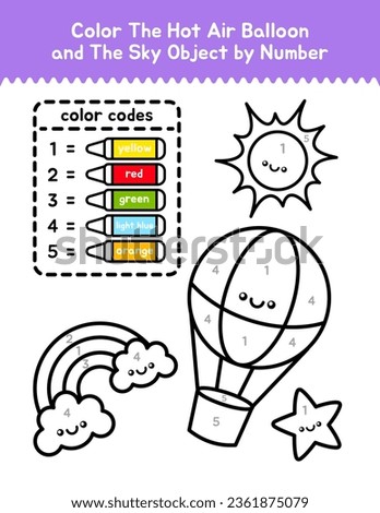 Cute Hot Air Balloon And Sky Objects Color By Number Coloring Page For Children