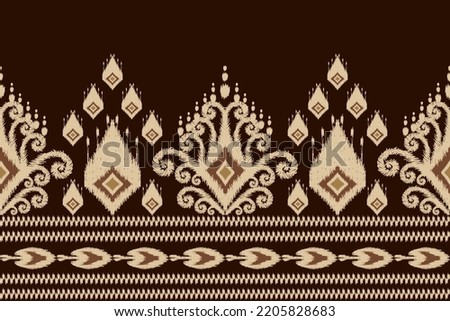 Thai Ikat paisley embroidery on brown background.geometric ethnic oriental seamless pattern traditional.Aztec style abstract vector.design for texture,fabric,clothing,wrapping,sarong,decoration,print.