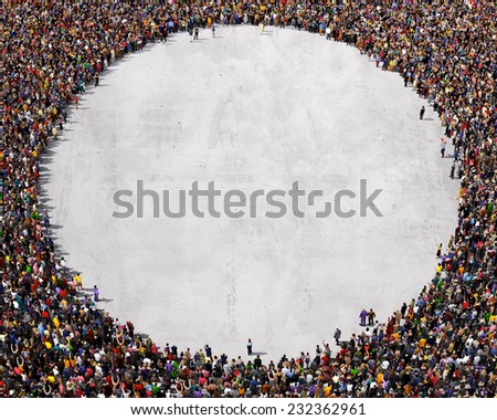 Large group of people seen from above, gathered in the shape of a circle, standing on a concrete background