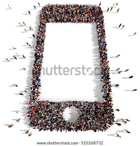 Large group of people seen from above gathered together in the shape of a smartphone