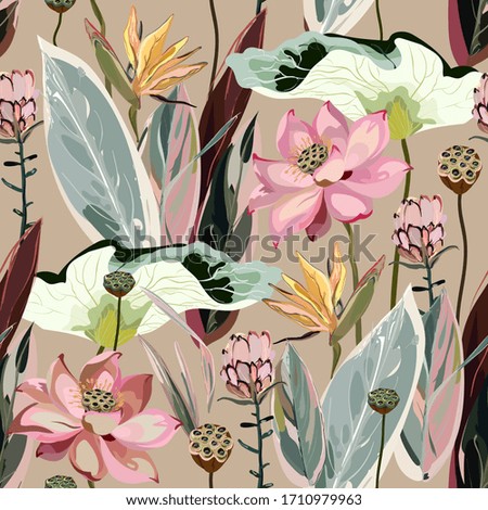 Large flowers, inflorescences, buds and lotus leaves, Strelitzia and Proteus on a beige, cream background. Vector seamless floral illustration. Square repeating design template for fabric, wallpaper.