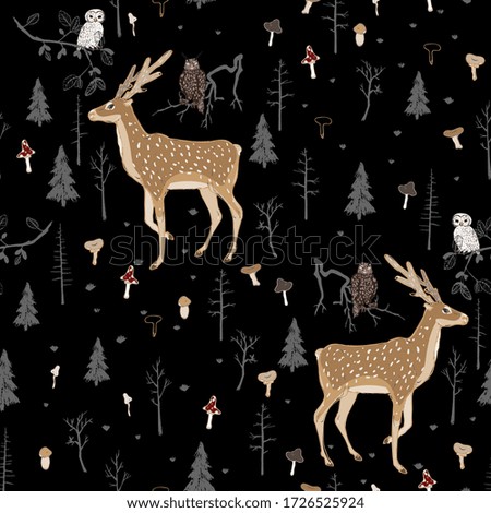 Seamless vector pattern with forest animals and mushrooms on a black background. Deer, owl and eagle owl in the night forest. Square repeating pattern for fabric and wallpaper. Hand-drawn illustration