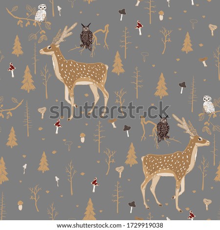 Seamless vector pattern with forest animals and mushrooms on a grey background. Deer, owl and eagle owl in the night forest. Square repeating pattern for fabric and wallpaper. Hand-drawn illustration.