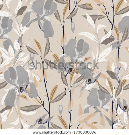 Seamless vector floral pattern. Arrangement cream iris flowers by delicately leaves on a light beige color background. Hand-drawn illustration. Square repeating pattern for fabric and wallpaper.