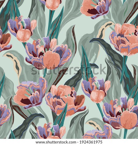 Tulip seamless vector pattern. Large pink flowers and green leaves on light blue background. Square design for fabric, wallpaper, wrapping paper, invitation card.