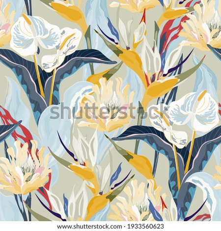 Anthurium and strelitzia seamless vector pattern. Large yellow, white flowers and leaves on light blue color background. Square design for fabric, wallpaper, scrapbook, wrap, invitation cards.