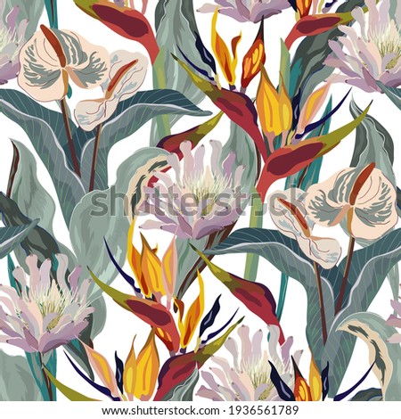 Anthurium and strelitzia seamless vector pattern. Large red, orange, pink, beige flowers and green leaves on white background. Square design for fabric, wallpaper, scrapbook, wrap, invitation cards.