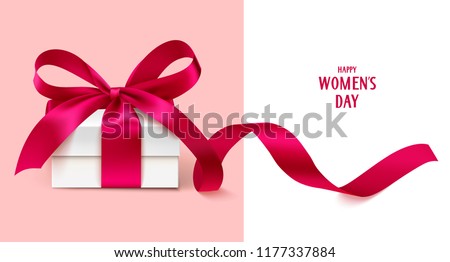 Happy Womens day template design. Vector illustration. Decorative white gift box with red bow and long ribbon