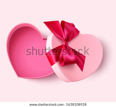 Decorative open gift box in heart shape with decorative pink bow. Vector illustration. Valentines day decoration