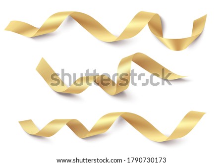 
Set of decorative gold ribbon with shadow isolated on white. Christmas and new year holiday decoration. Vector illustration.Top view