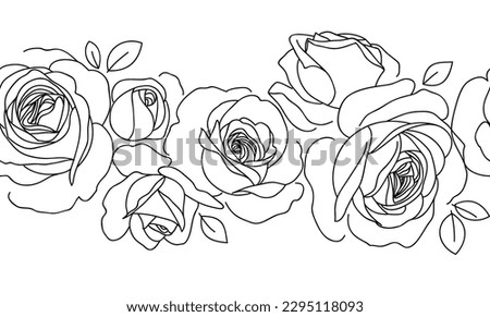 Abstract horizontal seamless pattern with line art roses. Decorative floral element for frame design. Vintage hand drawn flower and bud isolated on white background. Vector stock illustration	