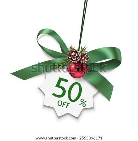 Decorative green bow, tied green rope, fir twigs, pine cones and Christmas red bell isolated on white. Vector star price tag with 50 % off text. New year or Christmas winter sale design template. 