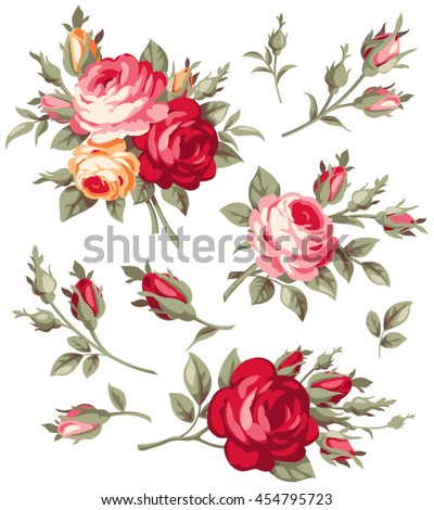 Decorative vintage rose and bud. Vector set of blooming flowers for your design. Adornment for wedding invitations and greeting cards. Antique roses for page decoration