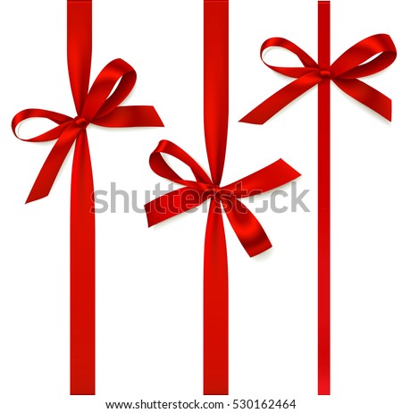 Decorative red bow with vertical ribbon isolated on white. Vector set of bows for page decor