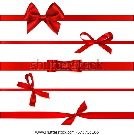 Set of beautiful decorative bows with horizontal ribbon for gift decoration. Vector red bow isolated on white