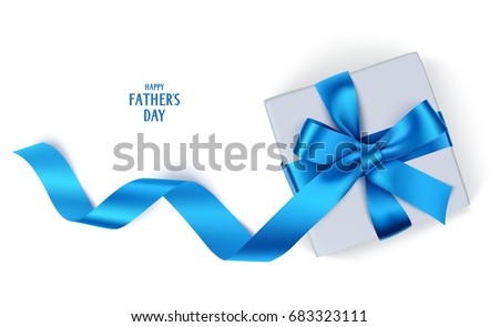 Decorative gift box with blue bow and long ribbon. Happy Father's Day text. Top view. Vector gift box isolated on white