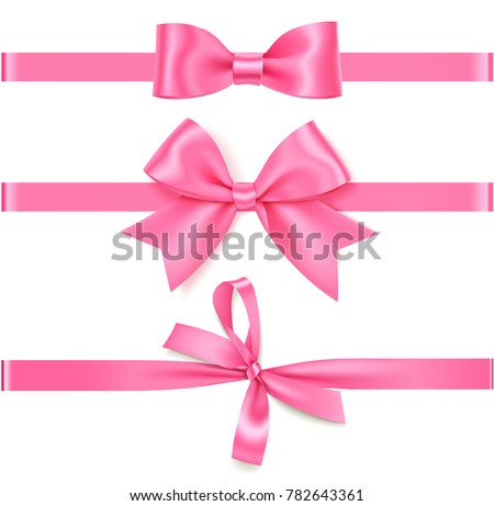 Set of decorative pink bow with horizontal pink ribbon for gift decor. Realistic vector rose bow and ribbon isolated on white background. Mother's Day decorations