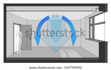 Diagram of a room cooled with air conditioner built in a suspended ceiling (another room diagram from the collection, all with the same point of view, easy to combine) 