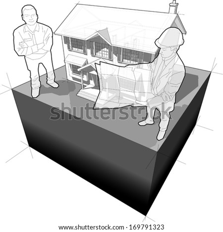 diagram of a classic colonial house and architect + happy smiling man standing in front of it (another house diagram from the collection, all have the same point of view/angle/perspective)