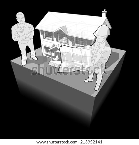 diagram of a classic colonial house and architect + happy smiling man standing in front of it