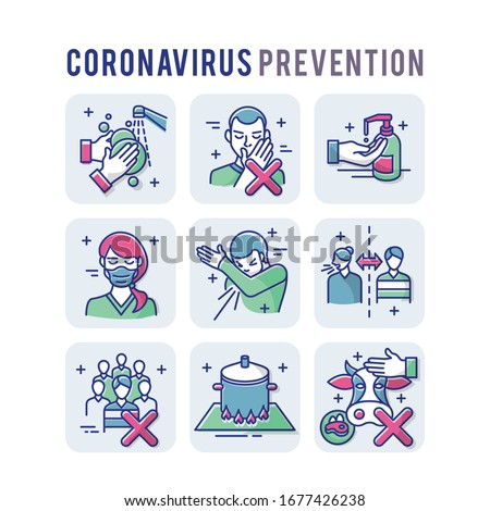 Coronavirus Prevention Set Icons Thin Style Pictogram Minimalist Colored