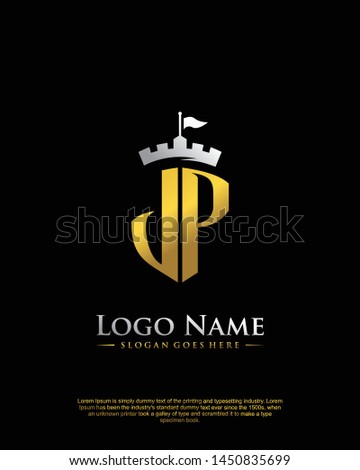 initial JP letter with shield style logo template vector