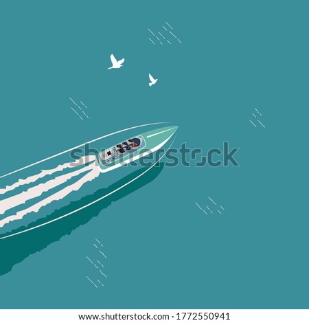 Boat on the blue sea from top view cartoon vector illustration
