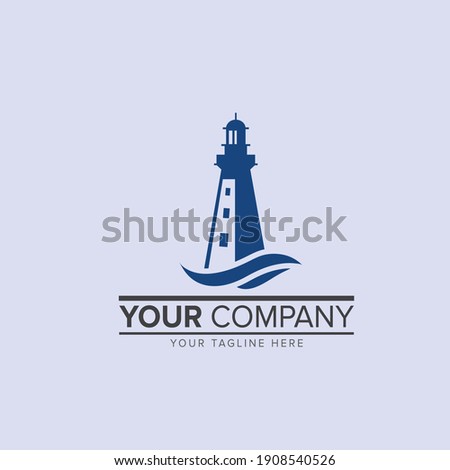lighthouse icon set with ocean waves and seagulls. Vector illustration