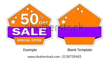 Sales 50% off special offer discount pentagon shape vector illustration tag, label,  with  blank template. Ready to use for any other percentage or information. 