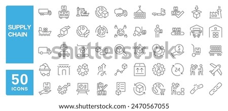 Set of 50 line icons related to supply chain, logistic, manufacturing, containing production, shipping, transportation, Editable stroke. Vector illustration