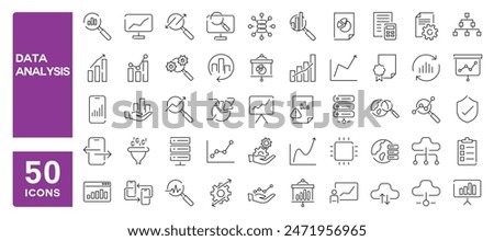 Set of 50 line icons related to data analysis, analytics, database, cloud computing, infographic, Editable stroke. Vector illustration