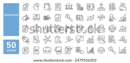 Set of 50 line icons related to accounting, taxes, audit, earnings, finance company, Editable stroke. Vector illustration