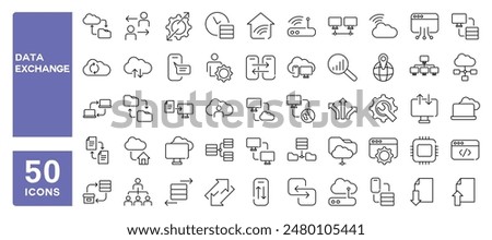 Set of 50 line icons related to data exchange, coding, traffic files, server, cloud technology, Editable stroke. Vector illustration