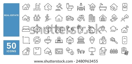 Set of 50 line icons related to real estate, property, rent house, buy and sell home, building, Editable stroke. Vector illustration