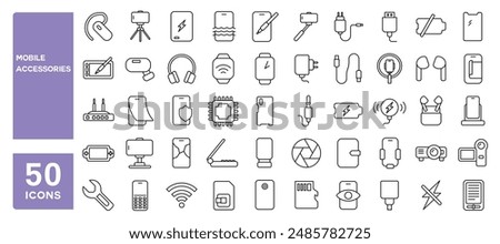 Set of 50 line icons related to mobile accessories, power bank, headset, cable, sim card, phone case, wireless charger, phone protection,  Editable stroke. Vector illustration