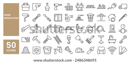 Set of 50 line icons related to home renovation, house repair, improvement, interior design, decoration, tools, carpentry, bathroom, Editable stroke. Vector illustration