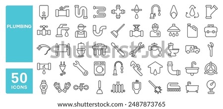 Set of 50 line icons related to plumbing, pipe, water meter, sink, heater, heating, toilet, shower, Editable stroke. Vector illustration