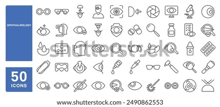 Set of 50 line icons related to ophthalmology, lenses, eye, iris, ophthalmologist, laser, surgery, Editable stroke. Vector illustration