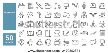 Set of 50 line icons related to journalism, news, press, interview, newspaper, media, microphone, Editable stroke. Vector illustration