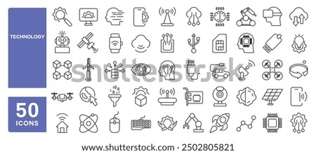 Set of 50 line icons related to technology, robotics, automation, big data, mechanical, AI, computing, Editable stroke. Vector illustration