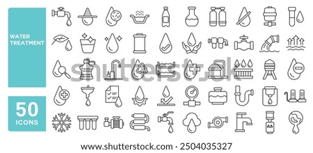 Set of 50 line icons related to water treatment, filters, hydration, water resistance, sewage, recycle, faucet, pressure tank, Editable stroke. Vector illustration