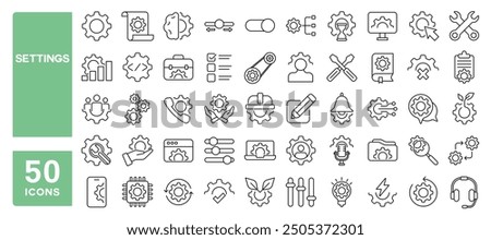 Set of 50 line icons related to settings, gear, configuration, preferences, adjustments, optimization, control panel, maintenance, service, tools, wrench, Editable stroke. Vector illustration