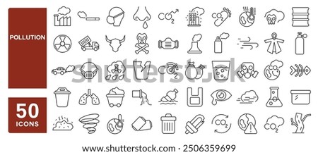 Set of 50 line icons related to pollution, car exhaust, carbon dioxide, waste, sewage, dust, noise, net zero, mask, smog, Editable stroke. Vector illustration