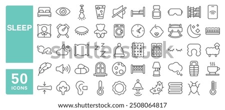 Set of 50 line icons related to sleep, pillow, bed, alarm, sleeping, bedroom, clock, insomnia, pills, mattress, glasses, night, rest, Editable stroke. Vector illustration