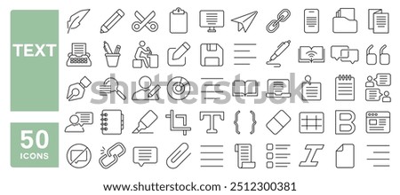 Set of 50 line icons related to text, writing, review, article, chat, communication, pen, write, pencil, note, edit, document, Editable stroke. Vector illustration