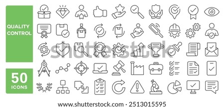 Set of 50 line icons related to quality control, product, assurance, test, check, inspection, evaluation, review, approve, production, Editable stroke. Vector illustration