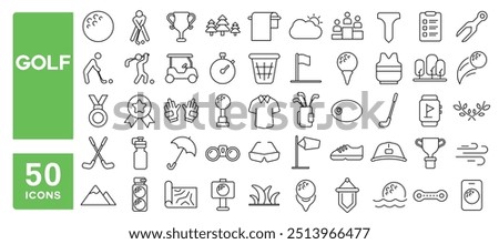 Set of 50 line icons related to golf, flag, umbrella, ball, stick, glove, cart, hole, trophy, medal, golfer, Editable stroke. Vector illustration