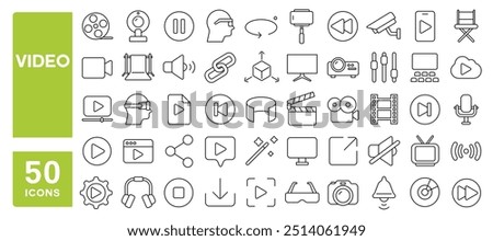 Set of 50 line icons related to video, camera, media, player, production, film roll, focus, shooting, frame, online, 3d, tv, movie, play, pause, Editable stroke. Vector illustration