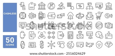 Set of 50 line icons related to cashless, contactless, bill, payment, mobile, banking, code, nfc, chip, wallet, transfer, pay, funds, Editable stroke. Vector illustration