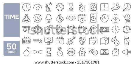 Set of 50 line icons related to time, date, clock, alarm, schedule, hourglass, appointment, wait, calendar, fast, notification, timing, Editable stroke. Vector illustration